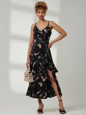 Retro Bird Print Satin Maxi Dress, Black Bird