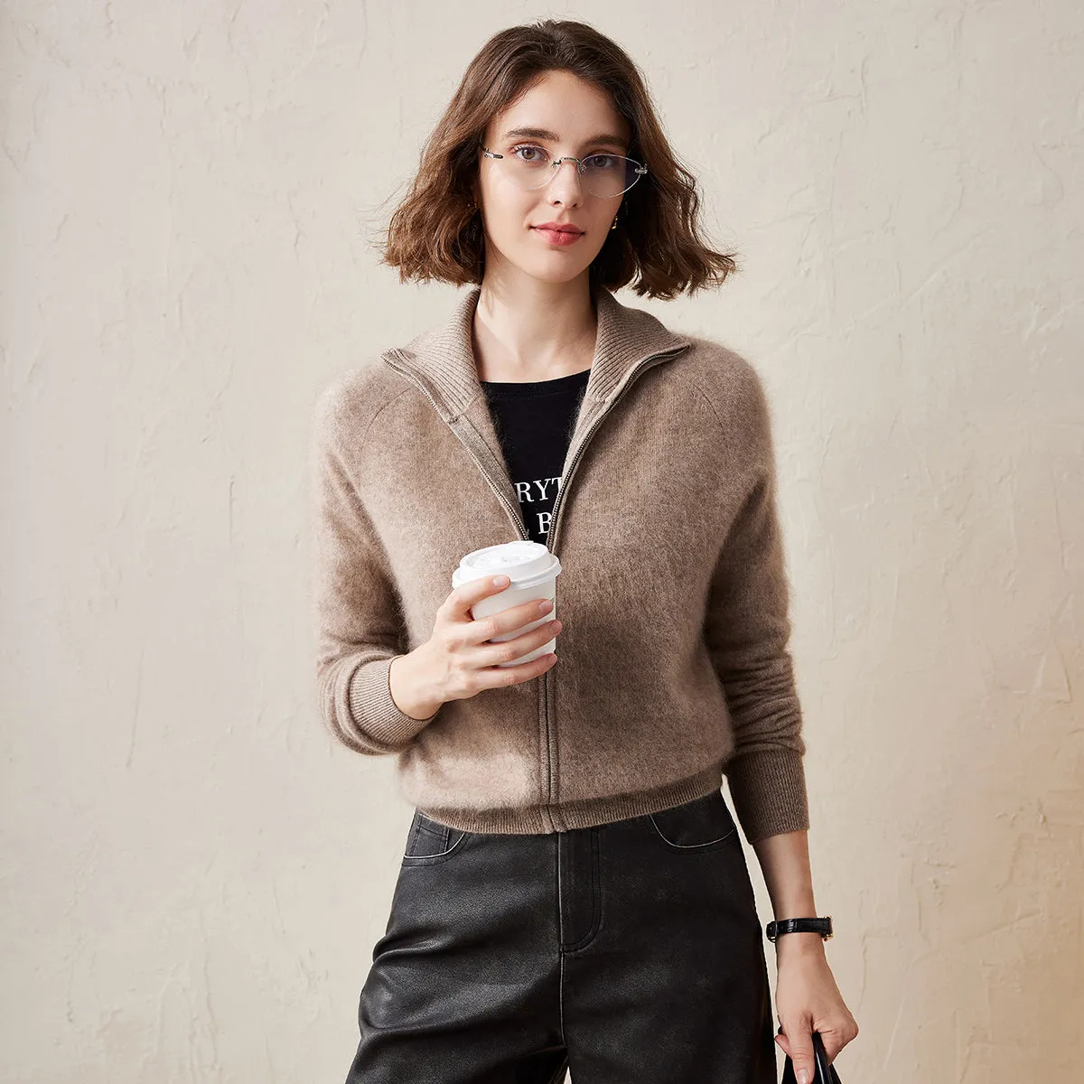 100% Brushed Cashmere Fluffy Zipper Cardigan