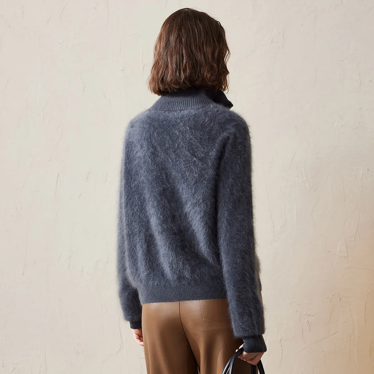 100% Brushed Cashmere Fluffy Zipper Cardigan