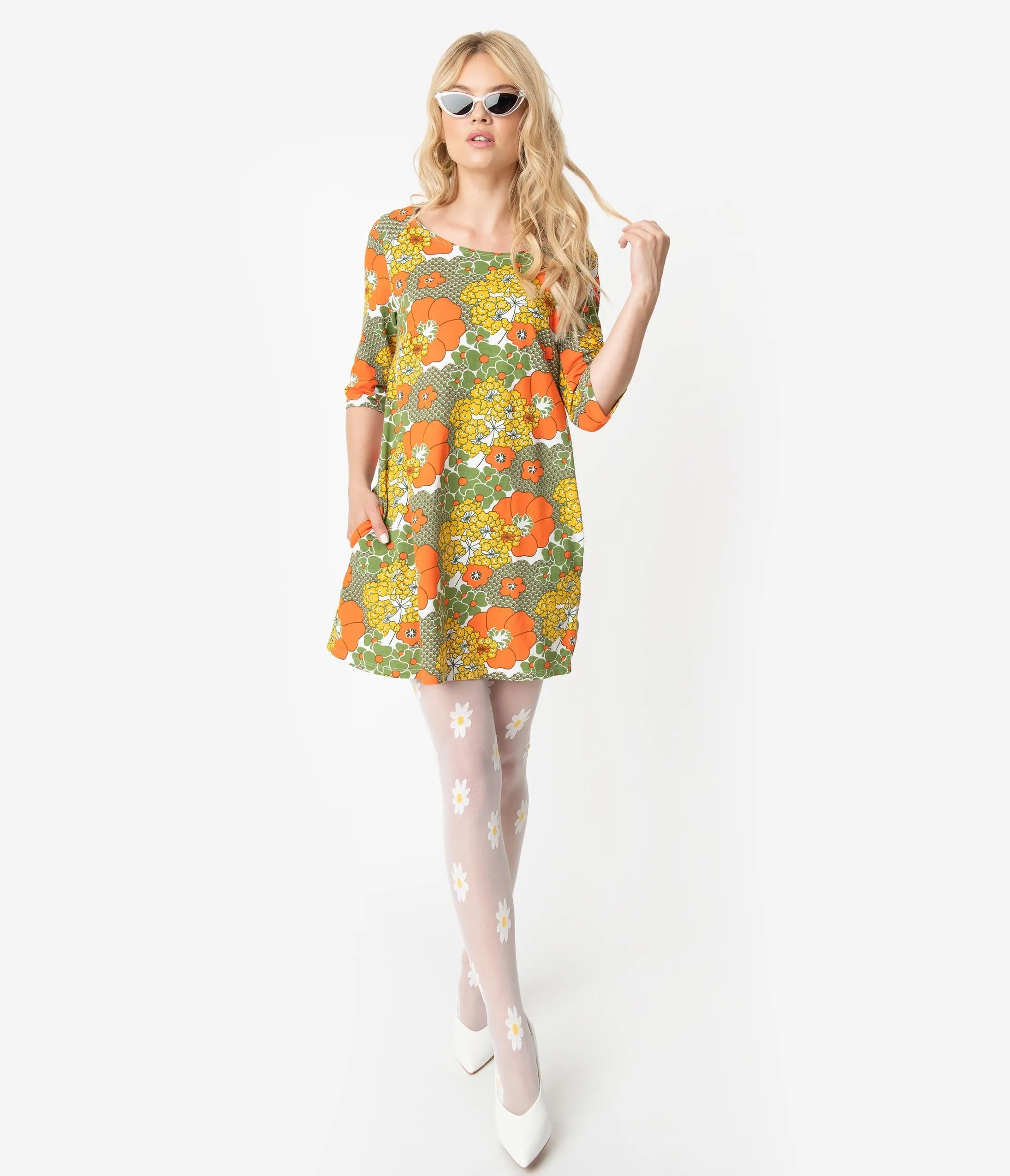 1960s Style Olive Green & Orange Retro Floral Print Cotton Tunic Dress