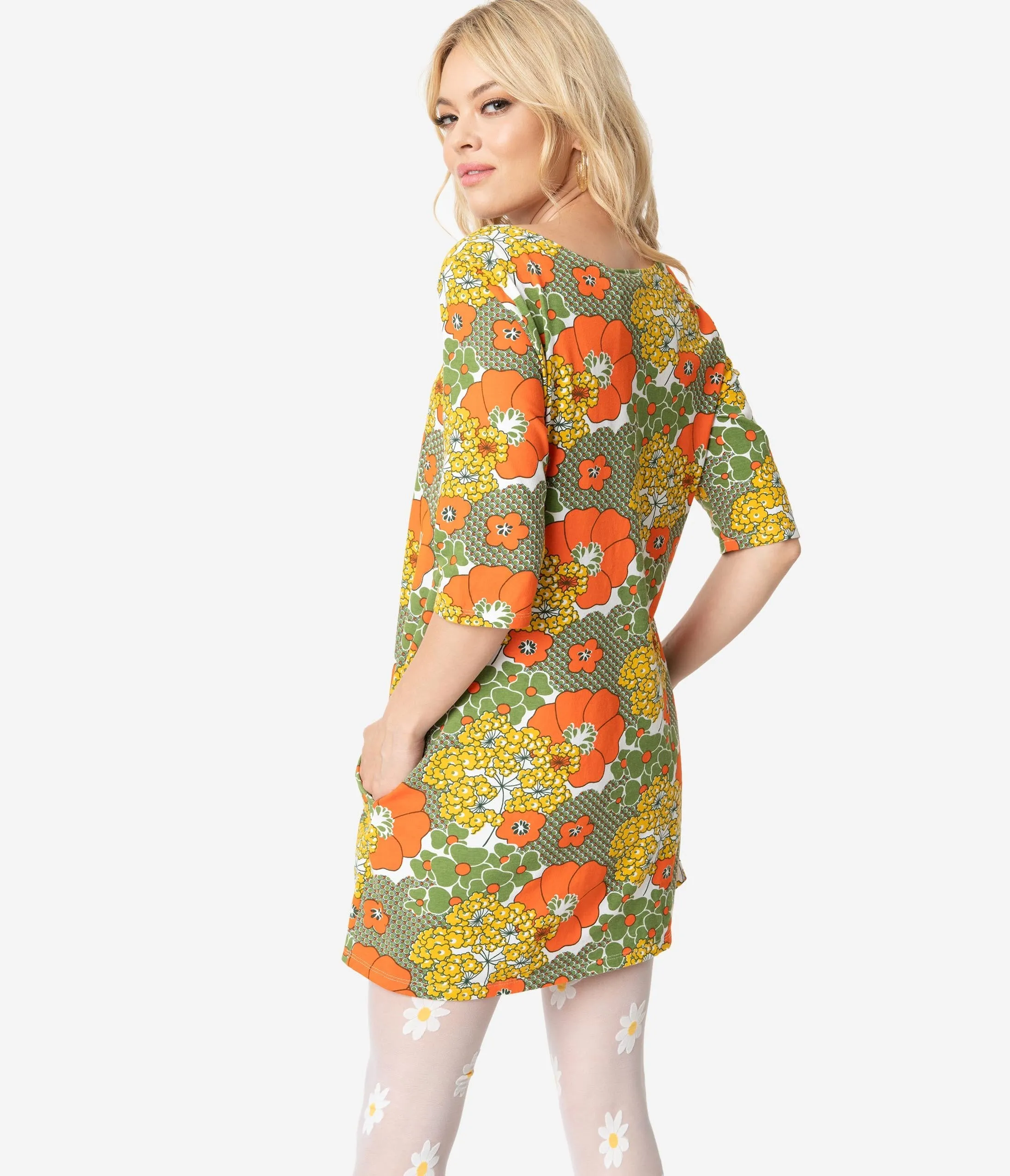 1960s Style Olive Green & Orange Retro Floral Print Cotton Tunic Dress