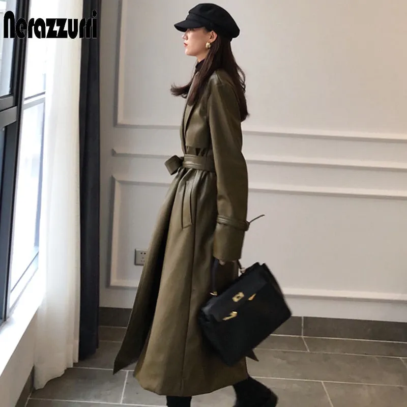 2023 Autumn long oversized leather trench coat for women 2023 long sleeve sashes Loose faux leather coats women fashion