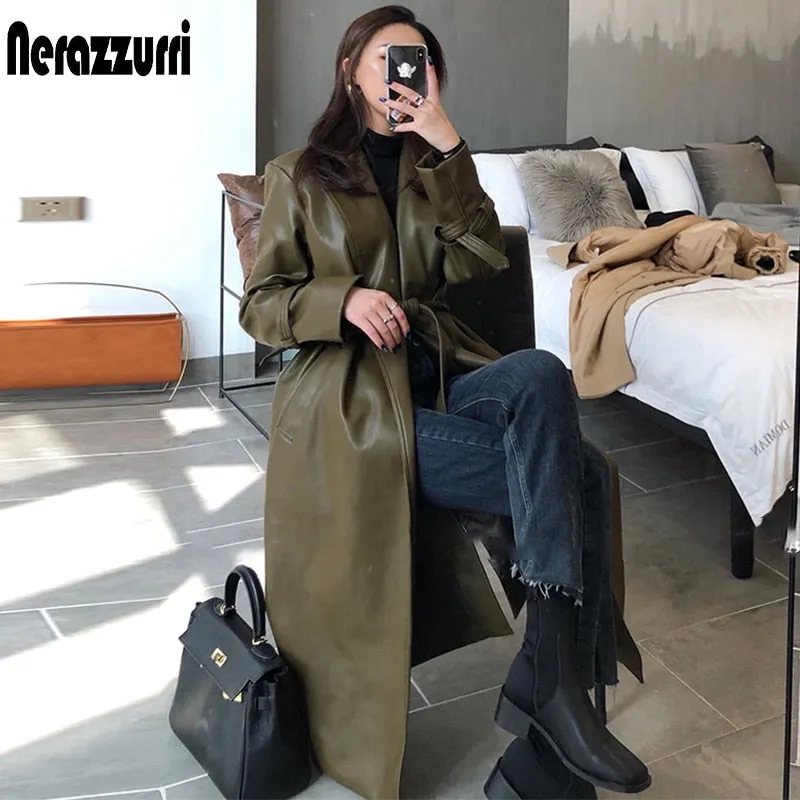 2023 Autumn long oversized leather trench coat for women 2023 long sleeve sashes Loose faux leather coats women fashion