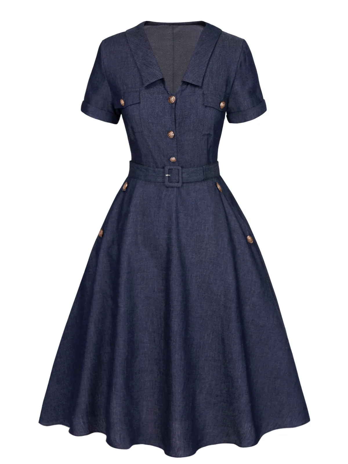 2PCS Blue 1940s Solid Lapel Blouse & Belt Skirt