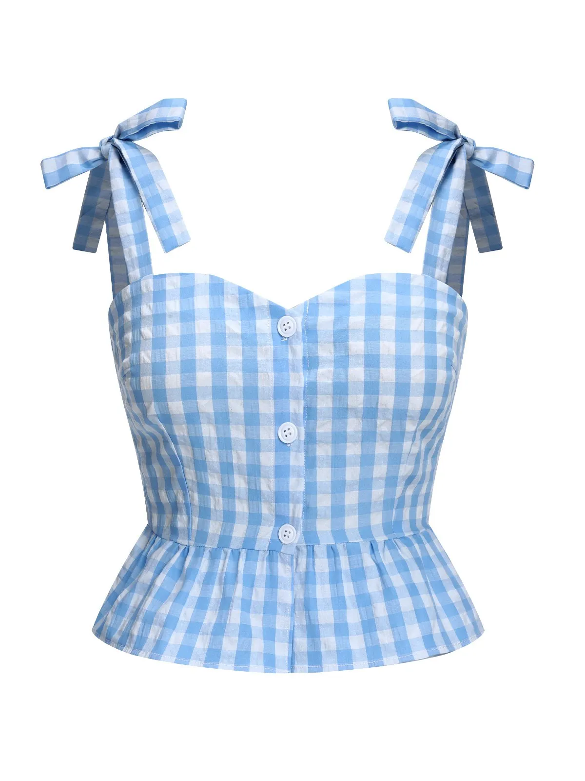 2PCS Blue 1960s Plaid Ruffled Hem Tops & BowKnot Skirts