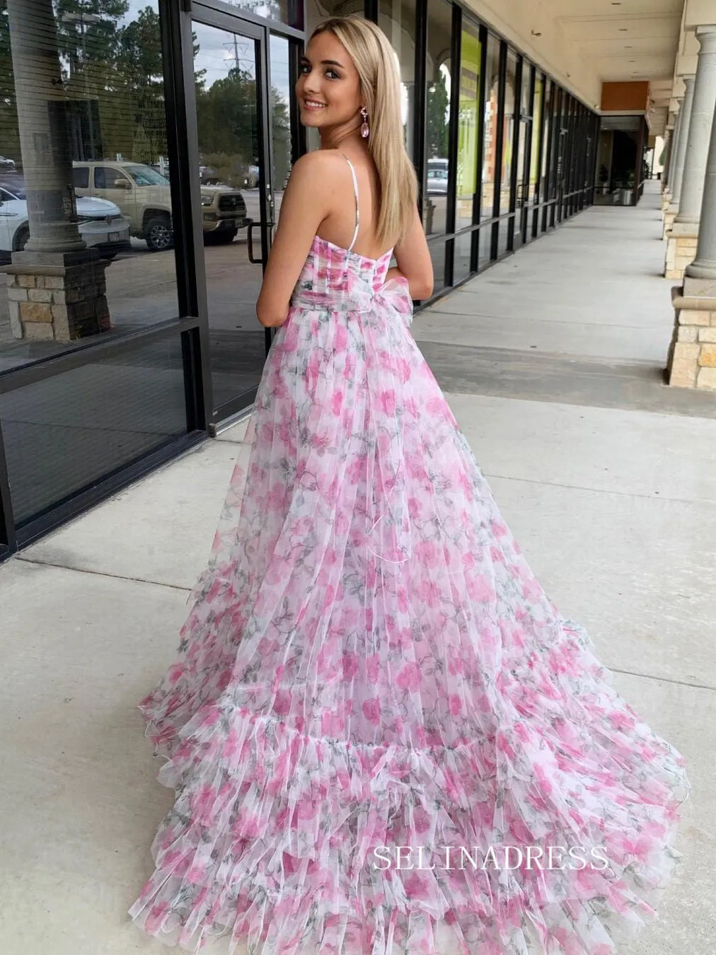 A-line Ball Gown Straps Print Floral Long Prom Dress Evening Gowns lpk912