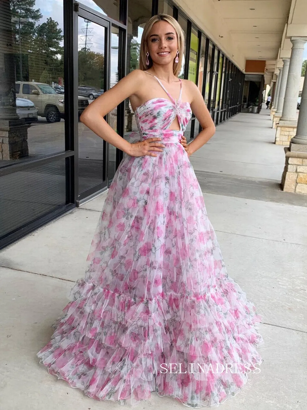 A-line Ball Gown Straps Print Floral Long Prom Dress Evening Gowns lpk912