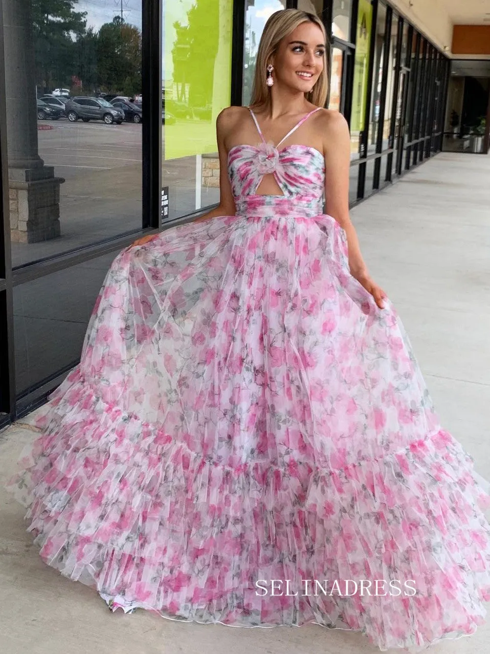 A-line Ball Gown Straps Print Floral Long Prom Dress Evening Gowns lpk912