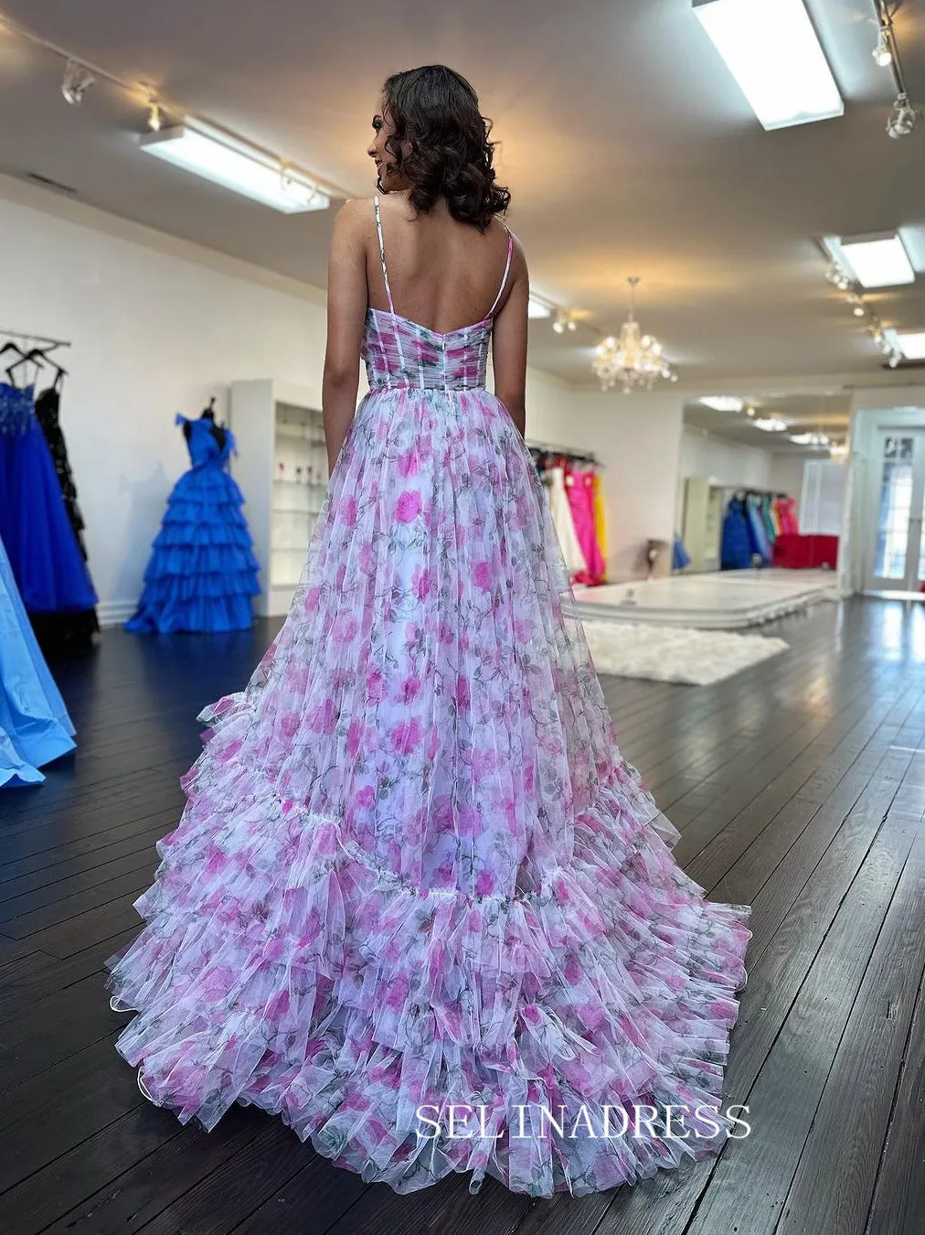 A-line Ball Gown Straps Print Floral Long Prom Dress Evening Gowns lpk912