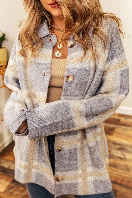 A Match Made - Fuzzy Plaid Collared Button Up Cardigan