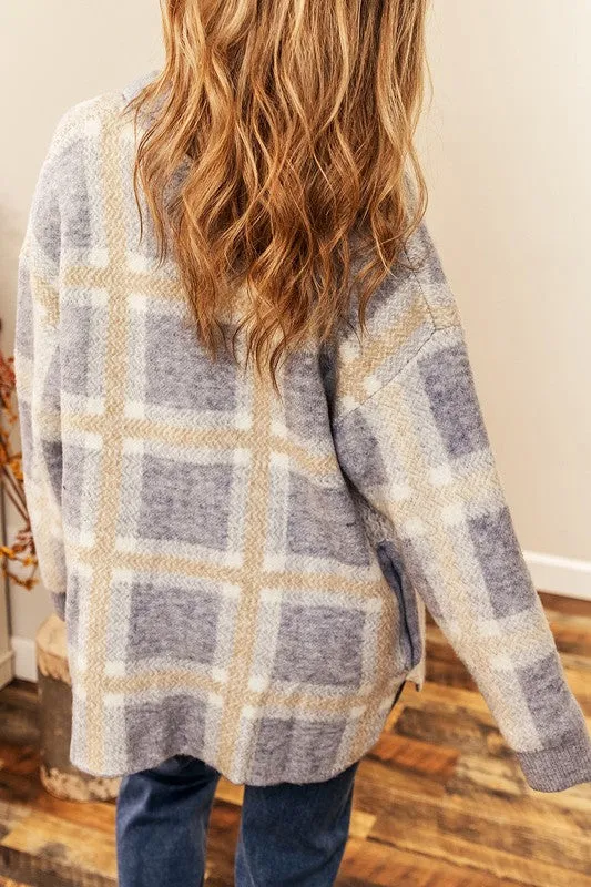 A Match Made - Fuzzy Plaid Collared Button Up Cardigan