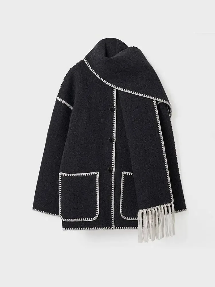 Advbridge Retro Tassel Scarf Collar Black White Patchwork Woollen Overcoat Women Chic Pockets Button Loose Coat 2024 Lady Autumn Outerwear