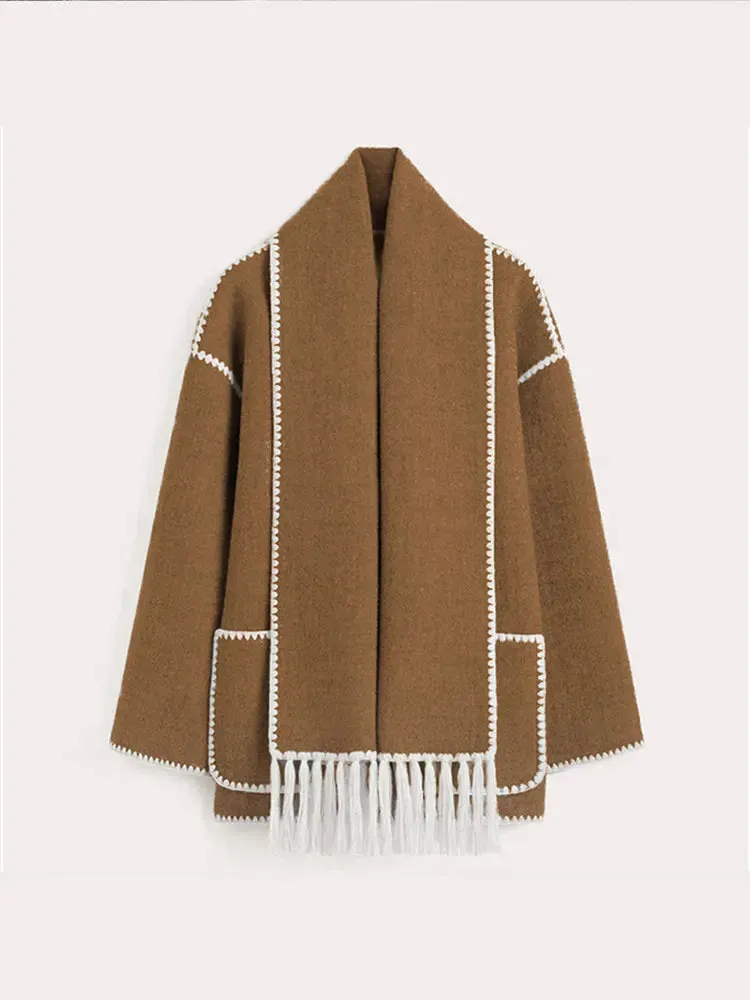 Advbridge Retro Tassel Scarf Collar Black White Patchwork Woollen Overcoat Women Chic Pockets Button Loose Coat 2024 Lady Autumn Outerwear