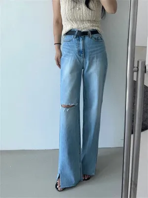 Advbridge  -  Women's Perforated Design Split Flared Jeans Vintage Street Cool Girl High Waisted Straight Pants Female Casual Denim Trousers