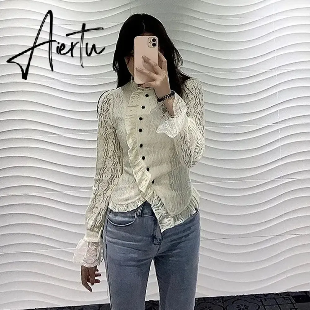 Aiertu White Ruffle Women Shirts V-neck Long Sleeve Lace Tunic Blouses Blusas Moda Sweet Korean Retro Elegant Blouse Tops