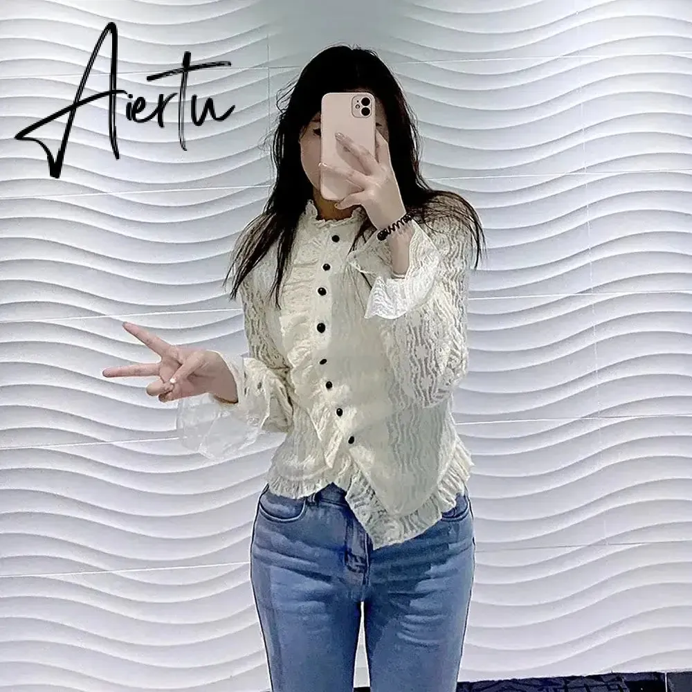 Aiertu White Ruffle Women Shirts V-neck Long Sleeve Lace Tunic Blouses Blusas Moda Sweet Korean Retro Elegant Blouse Tops