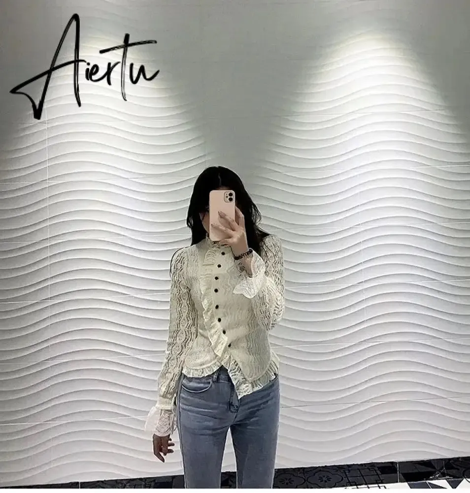 Aiertu White Ruffle Women Shirts V-neck Long Sleeve Lace Tunic Blouses Blusas Moda Sweet Korean Retro Elegant Blouse Tops