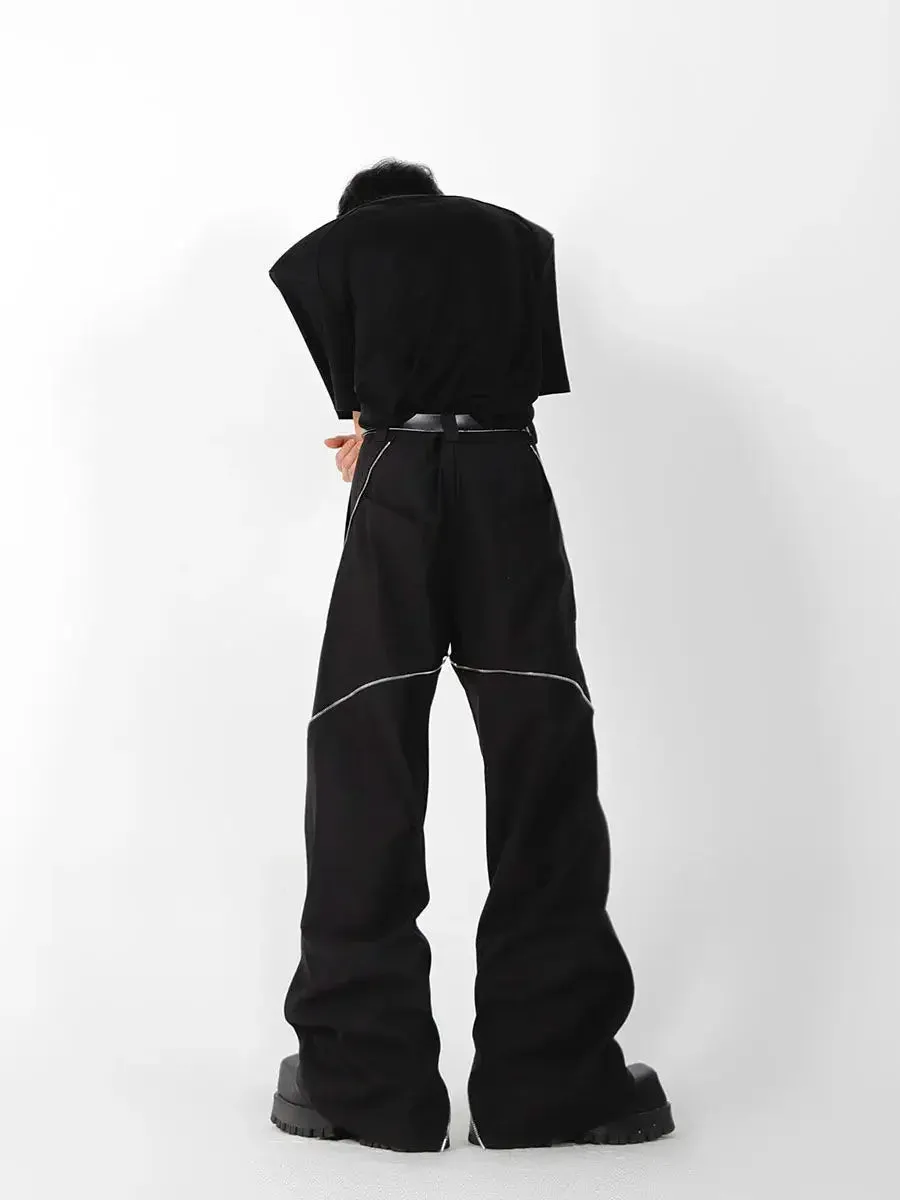 Amozae-American trendy brand men black zipper design slit slightly flared pants vertical feeling straight casual pants retro trousers