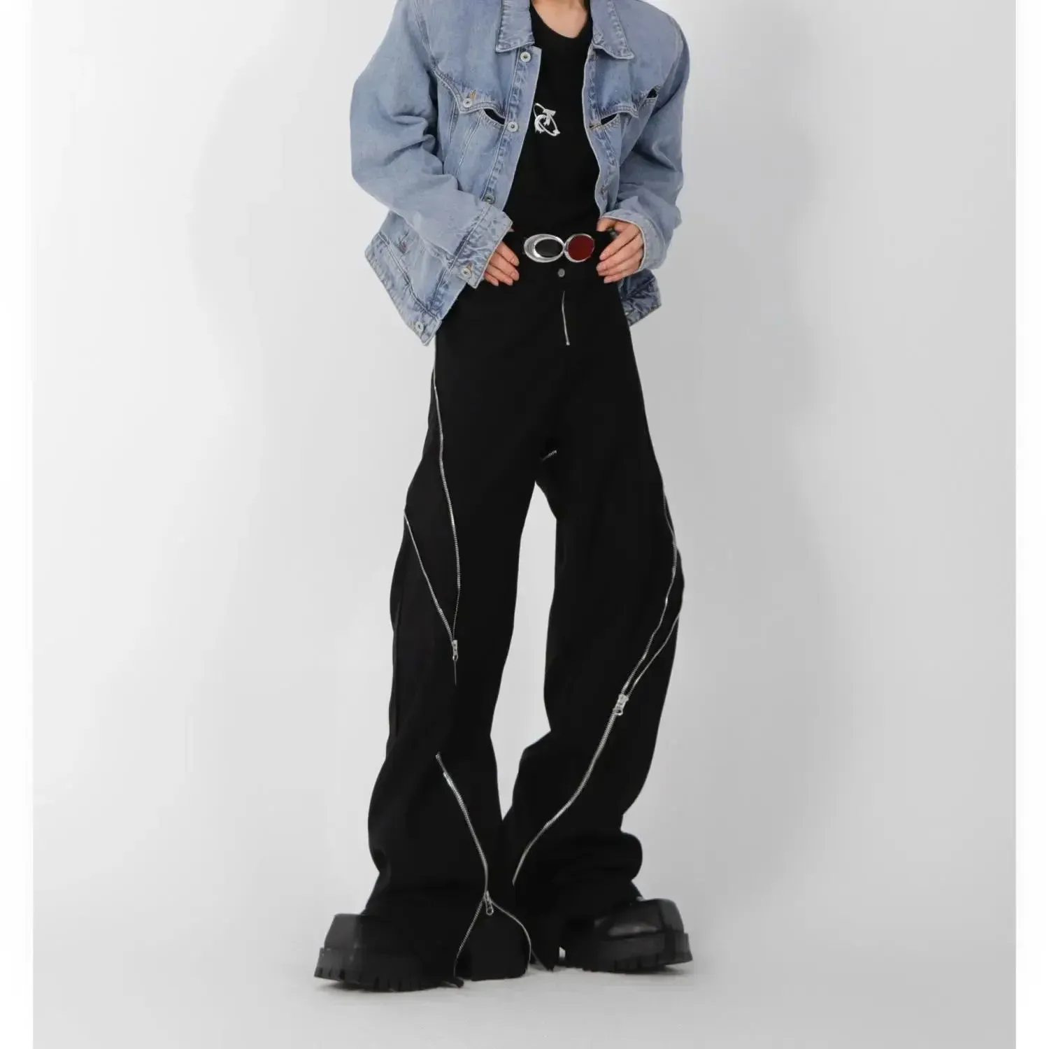 Amozae-American trendy brand men black zipper design slit slightly flared pants vertical feeling straight casual pants retro trousers