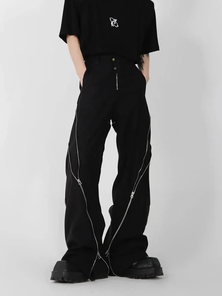 Amozae-American trendy brand men black zipper design slit slightly flared pants vertical feeling straight casual pants retro trousers