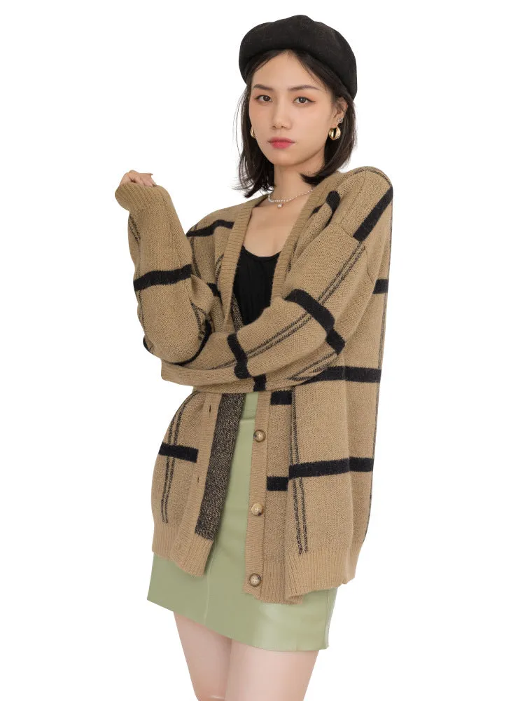 Amozae business casual outfits Autumn and Winter New Mid-Length Wool Sweater Coat Striped Sweater Wool Cardigan Women's Processing Customization Small Batch