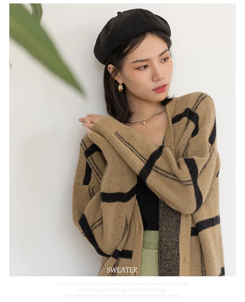 Amozae business casual outfits Autumn and Winter New Mid-Length Wool Sweater Coat Striped Sweater Wool Cardigan Women's Processing Customization Small Batch