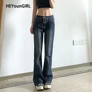 Amozae-- Casual Vintage  Black Jeans Women 2000S Aesthetic Skinny Flared Pants Capris With Belt Fashion Korean Trousers