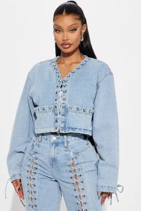 Amplified Cropped Lace Up Denim Jacket - Light Wash