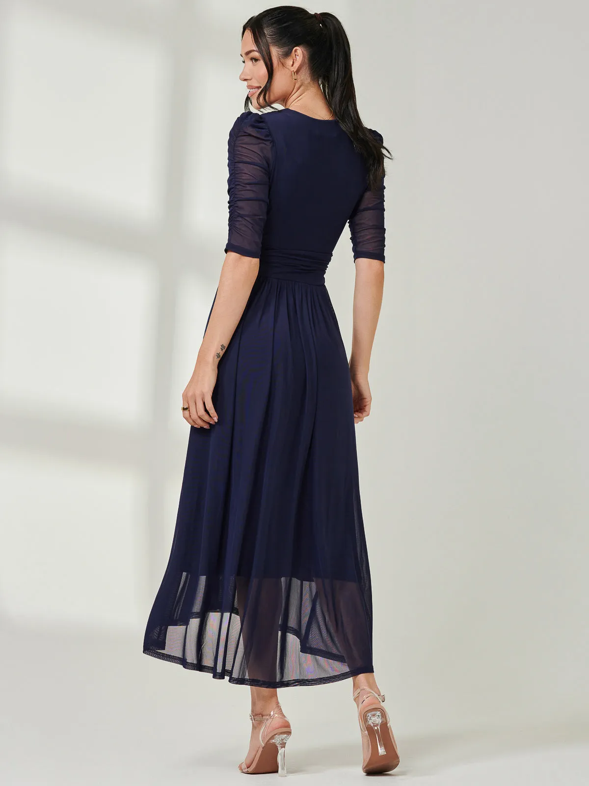 Aneissa Ruched Sleeve Mesh Maxi Dress, Navy