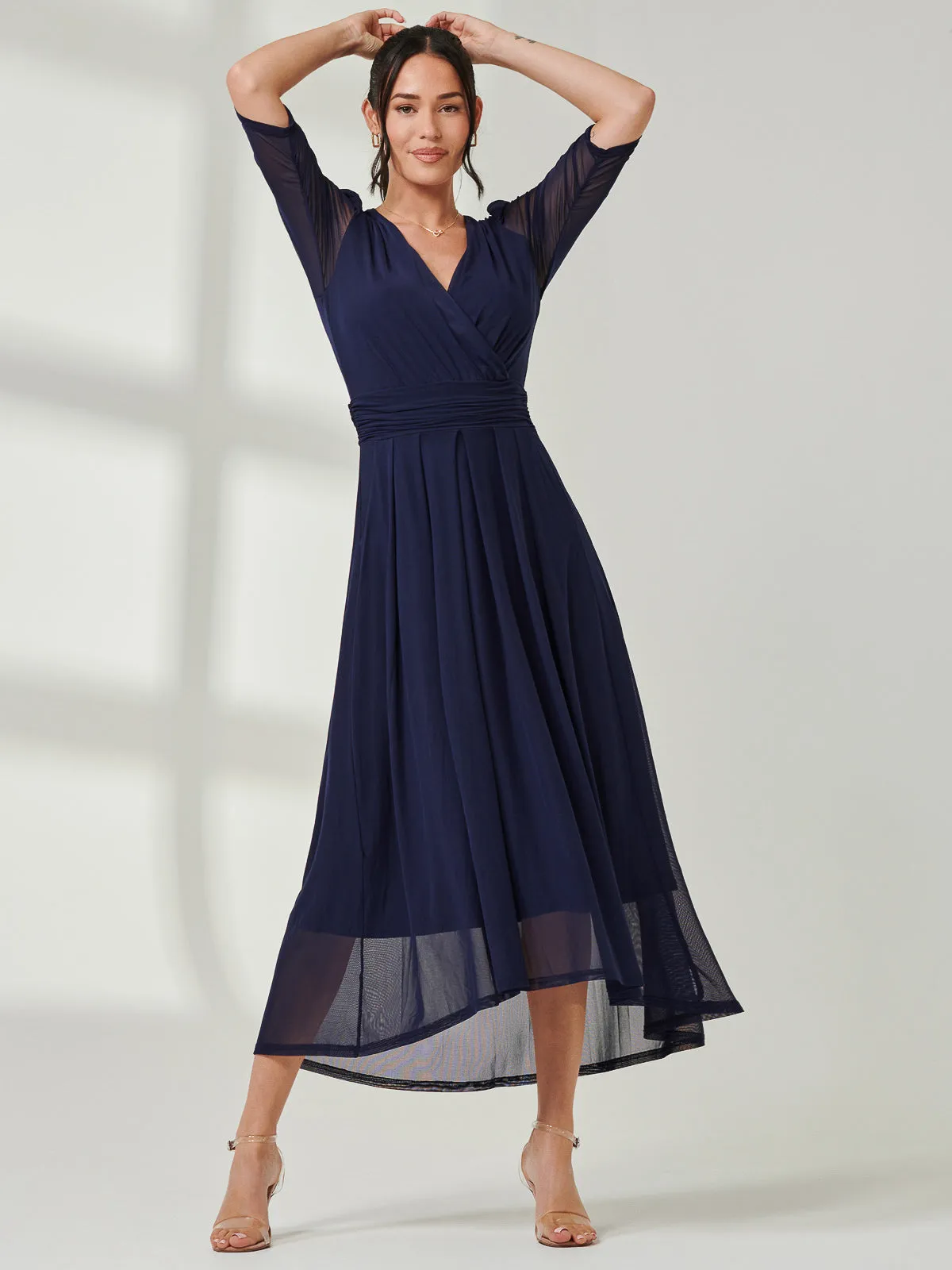 Aneissa Ruched Sleeve Mesh Maxi Dress, Navy