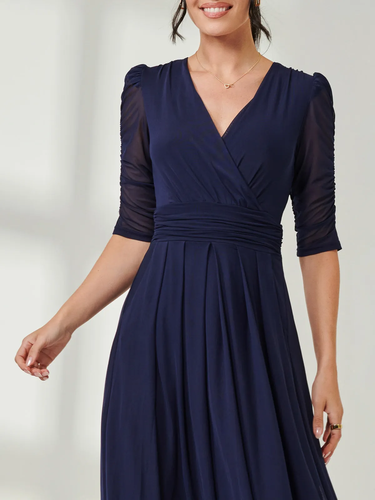 Aneissa Ruched Sleeve Mesh Maxi Dress, Navy