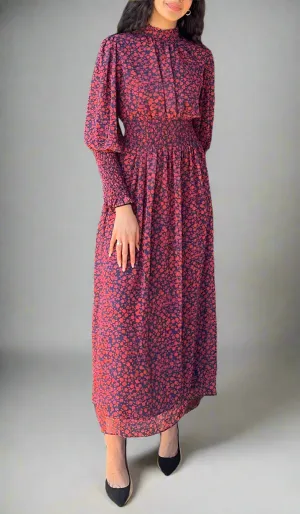 Anisa Modest Long Floral Print Elastic Waist Maxi Dress - Red/ Navy Floral - Final Sale