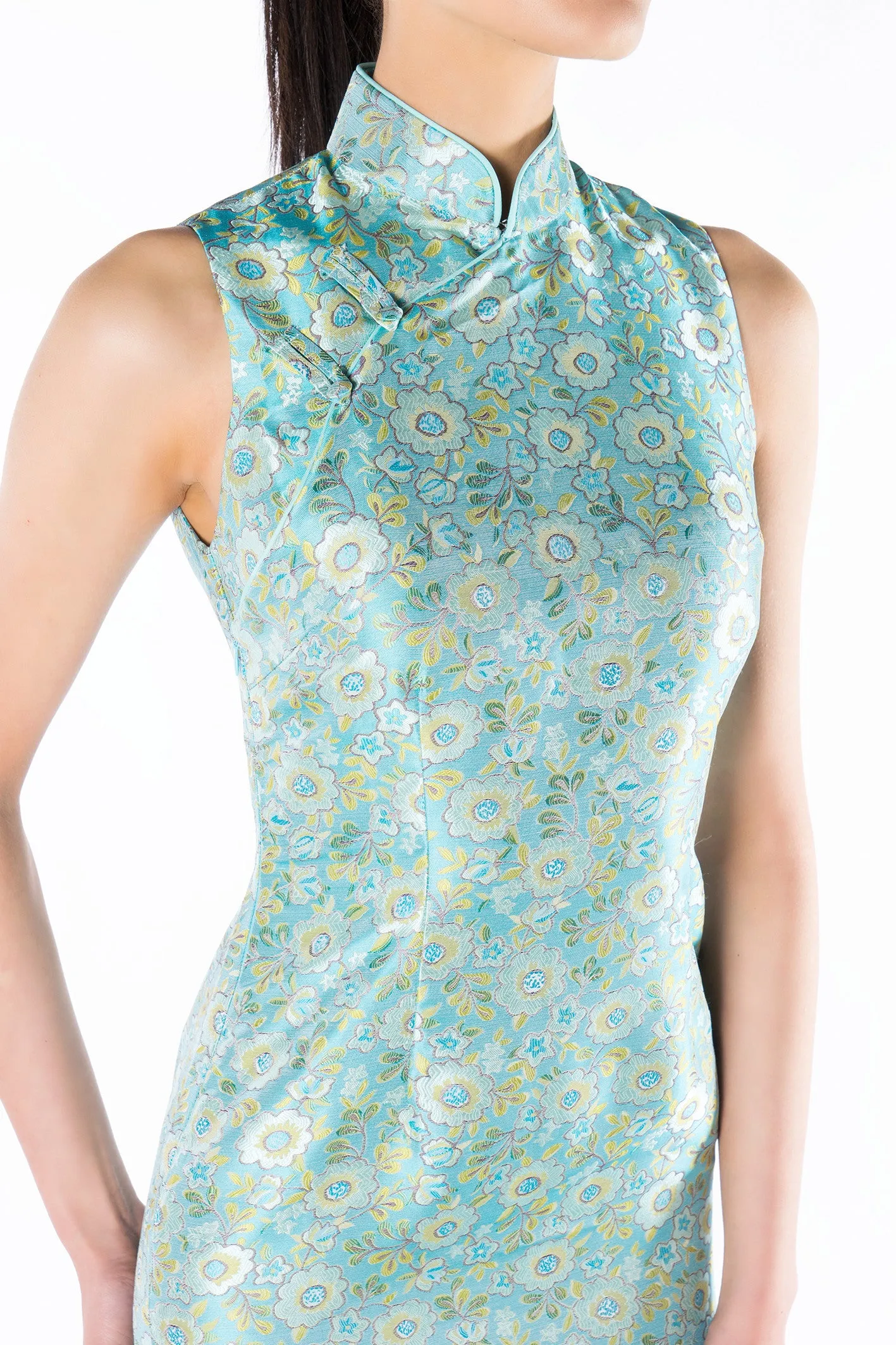 Aqua Floral Brocade Sleeveless Qipao