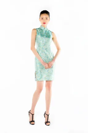 Aqua Floral Brocade Sleeveless Qipao