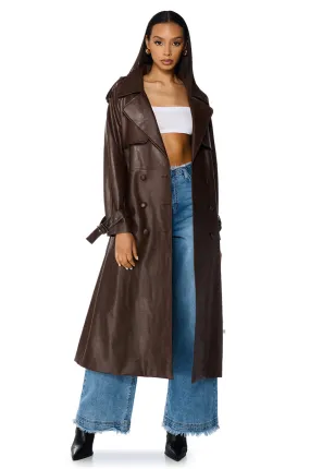 AU REVOIR FAUX LEATHER TRENCH IN BROWN