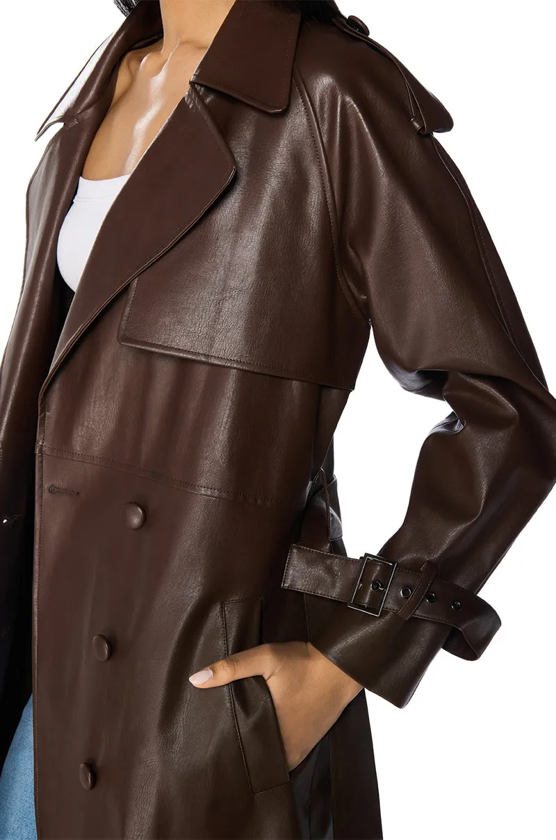 AU REVOIR FAUX LEATHER TRENCH IN BROWN