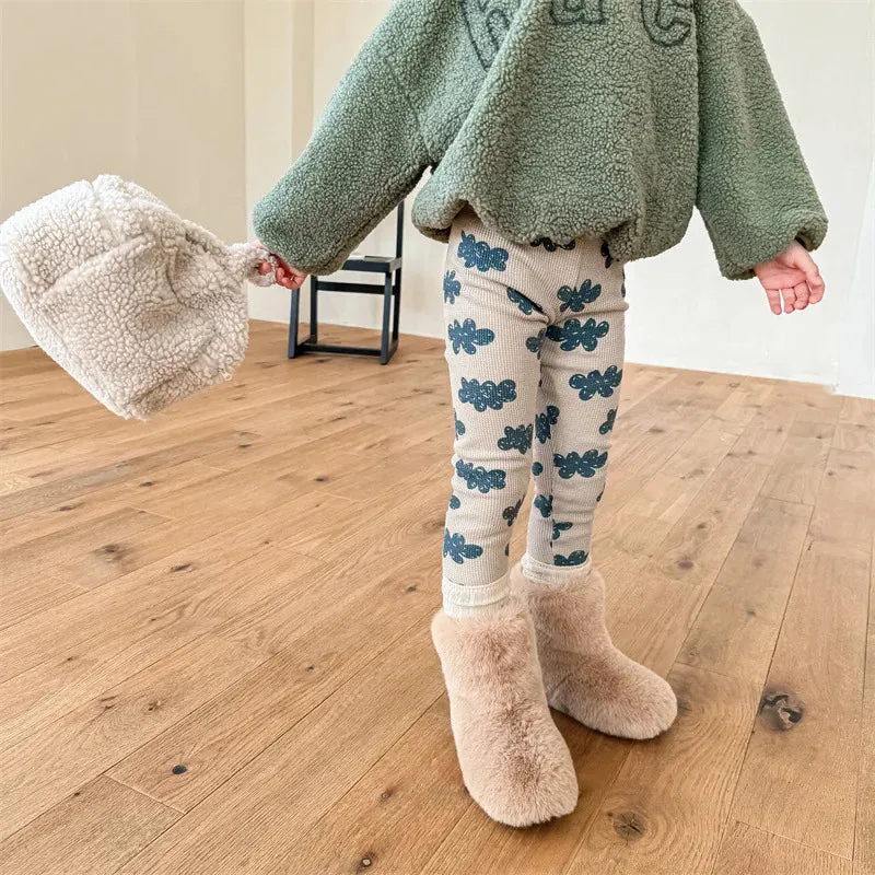 Autumn Winter Baby Plus Velvet Thicken Leggings Girl Children Retro Flower Print Fleece Warm Casual Pants Kid Boy Cotton Trouser