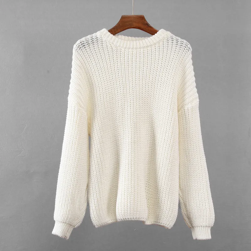 Autumn Winter Women Solid Loose Long Sleeve Knitted Sweater