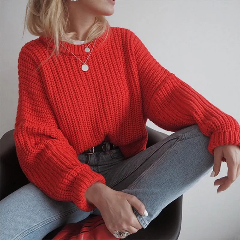 Autumn Winter Women Solid Loose Long Sleeve Knitted Sweater