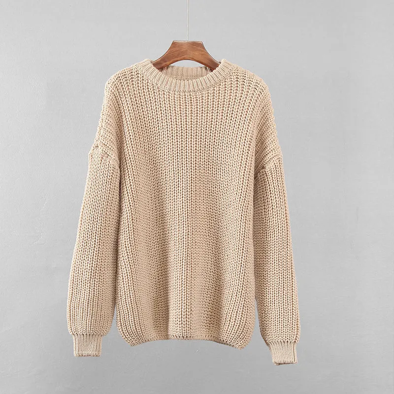 Autumn Winter Women Solid Loose Long Sleeve Knitted Sweater