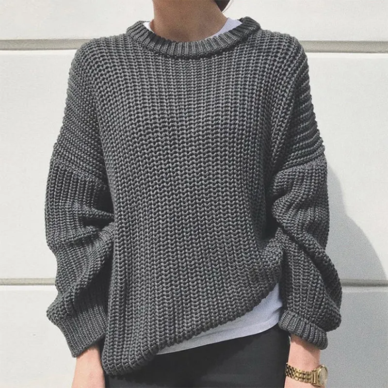 Autumn Winter Women Solid Loose Long Sleeve Knitted Sweater