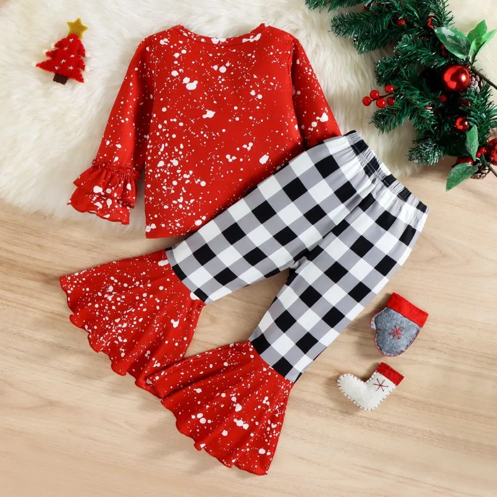 Autumn/Winter Girls Print Plaid Flared Pants Set Wholesale Girls Clothes