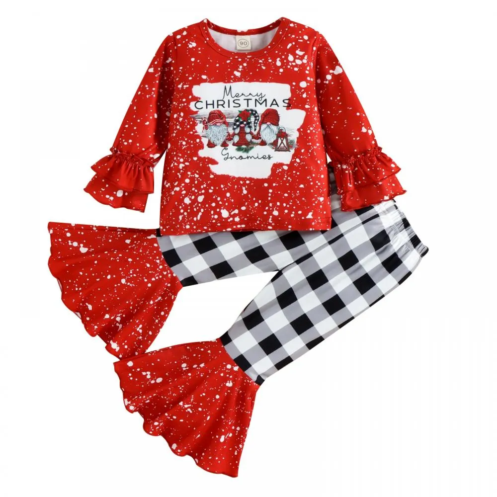 Autumn/Winter Girls Print Plaid Flared Pants Set Wholesale Girls Clothes