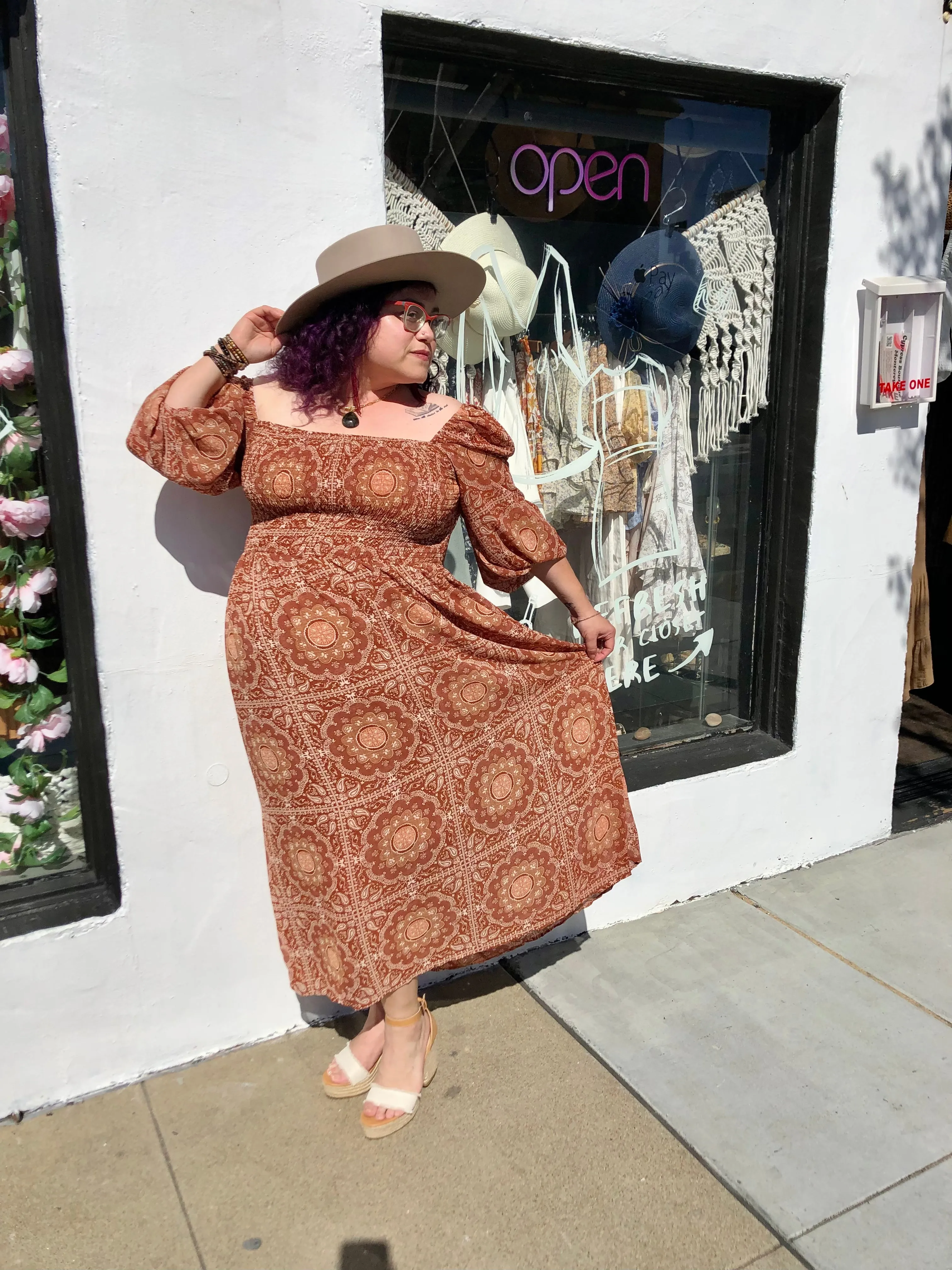 Ava's Retro Paisley Print Midi Dress- Rust