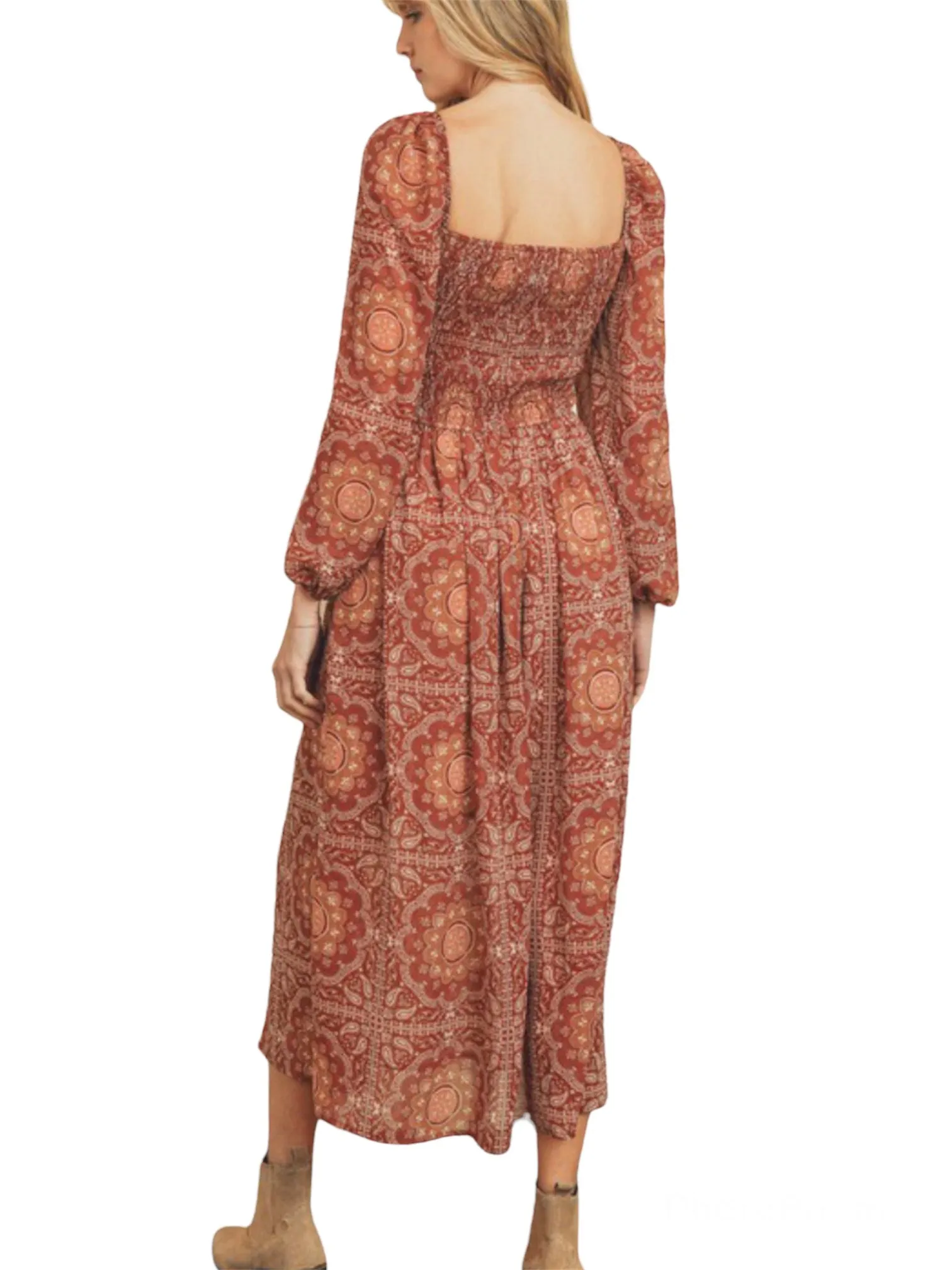 Ava's Retro Paisley Print Midi Dress- Rust