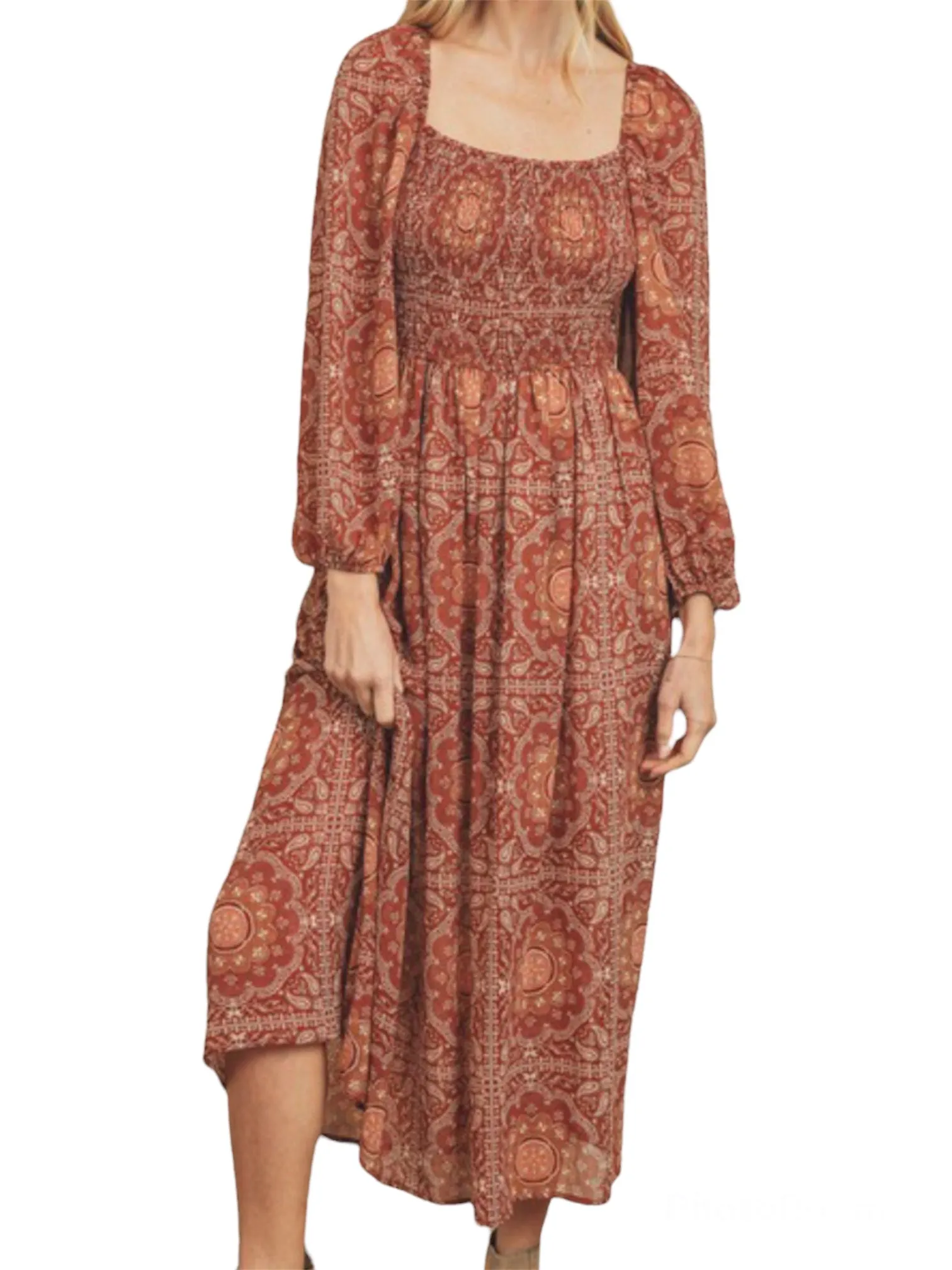 Ava's Retro Paisley Print Midi Dress- Rust