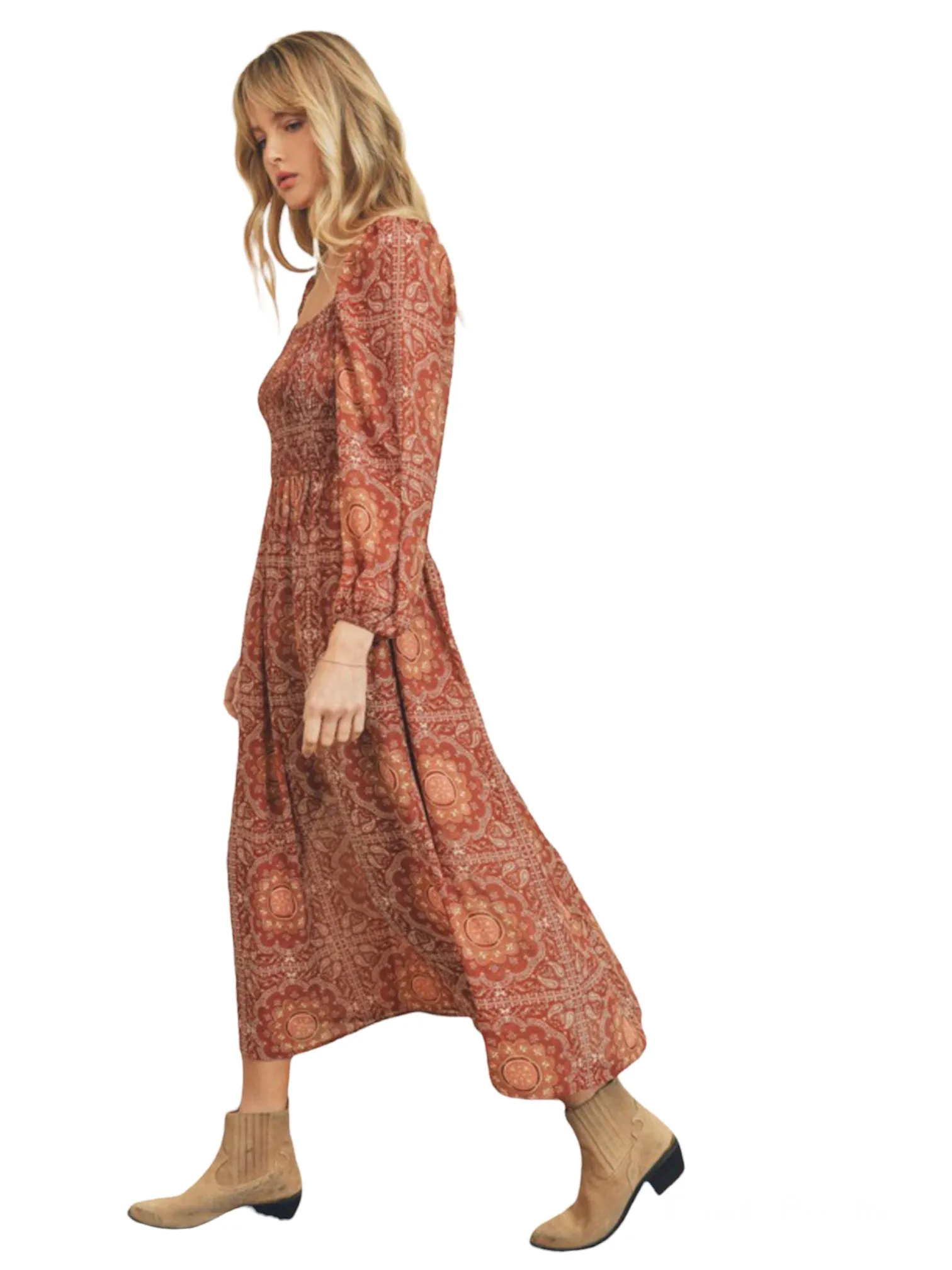 Ava's Retro Paisley Print Midi Dress- Rust