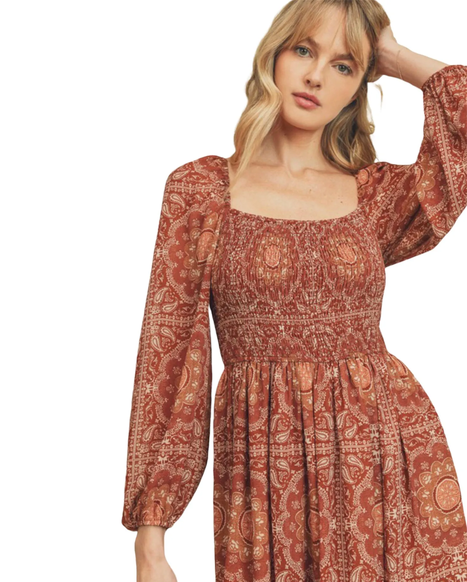 Ava's Retro Paisley Print Midi Dress- Rust