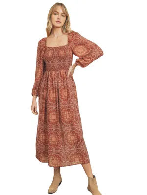 Ava's Retro Paisley Print Midi Dress- Rust