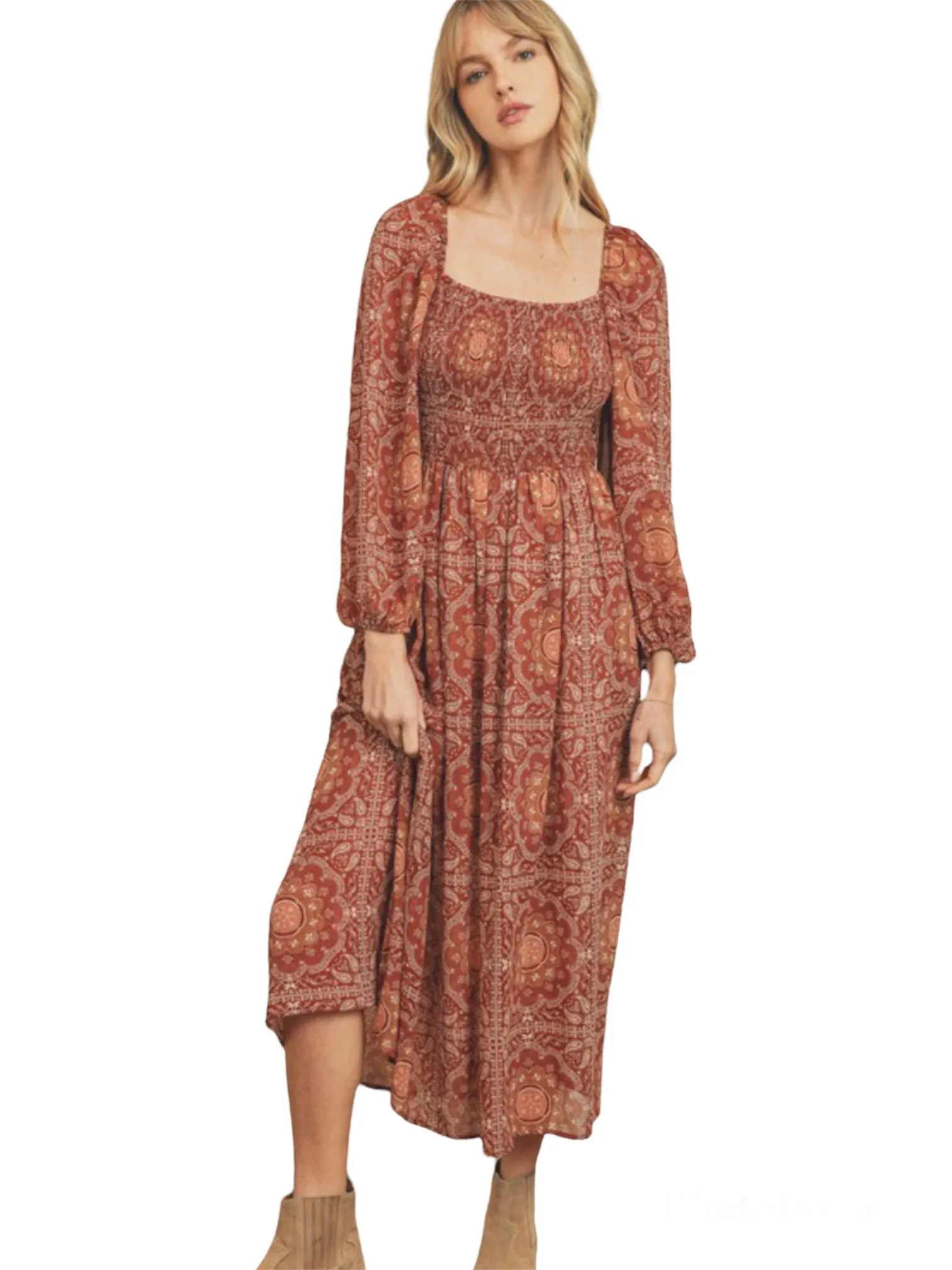 Ava's Retro Paisley Print Midi Dress- Rust